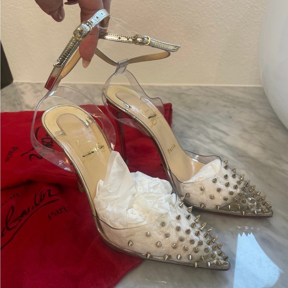 Christian Louboutin Spikoo PVC Spike Studded Gold Sling Heels Pumps 37.5